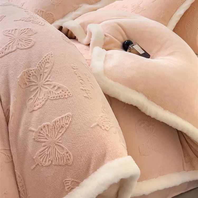 雕花牛奶绒床上四件套冬季加厚床单被套双面珊瑚绒被罩床笠款床品