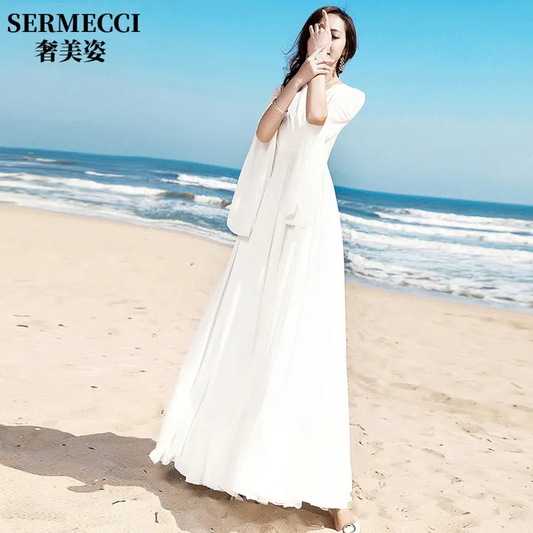 夏季高端时尚连衣裙女长款过膝2025年新款气质收腰显瘦短袖长裙子