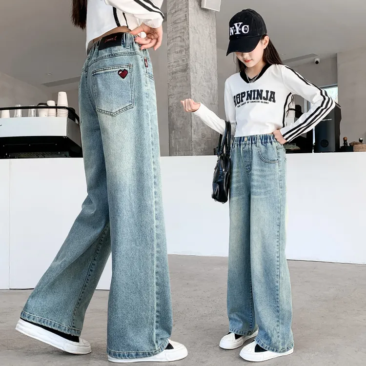 女童牛仔裤春秋装2025新款大童洋气休闲直筒裤子儿童秋季阔腿裤潮