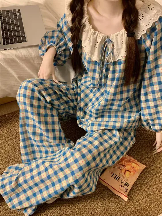 （综合链接）格子长裤长袖圆领睡衣套装甜美日系欧美风可爱家居服