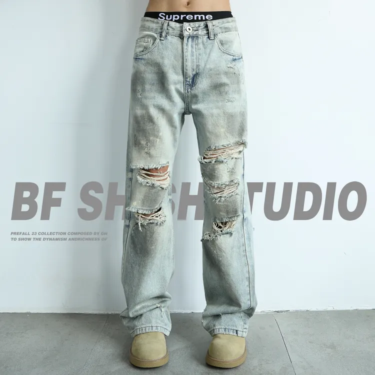 美式破洞刮烂复古水洗牛仔裤男款2025新款秋季宽松微喇裤脏脏长裤