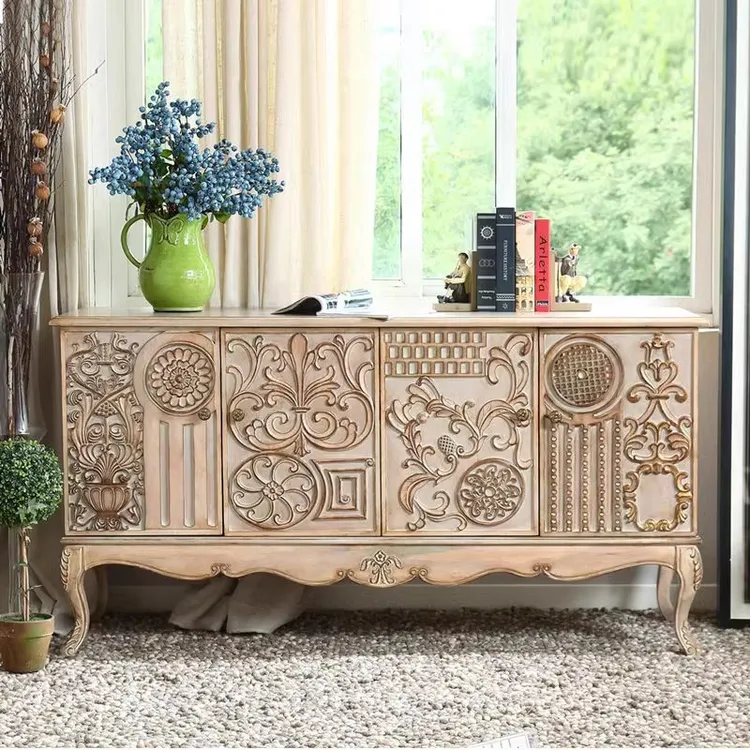 美式乡村新古典实木餐边柜酒柜一体靠墙雕花轻奢置物柜做旧玄关