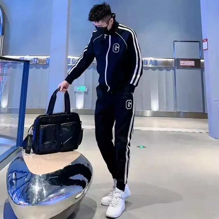 高端秋冬加绒休闲套装男外套时尚运动立领春秋新款男士大码两件套