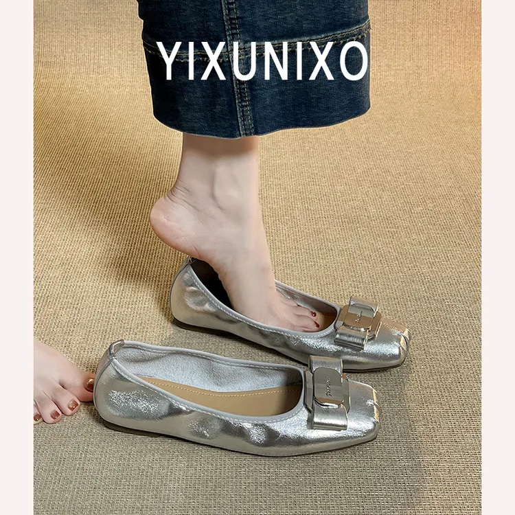 羊皮版~法式方头单鞋女平底2025新款浅口奶奶鞋软皮软底芭蕾女鞋