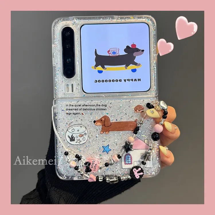 适用华为PuraX折叠屏手机壳可爱卡通pocket2滴胶闪粉腊肠狗链条女