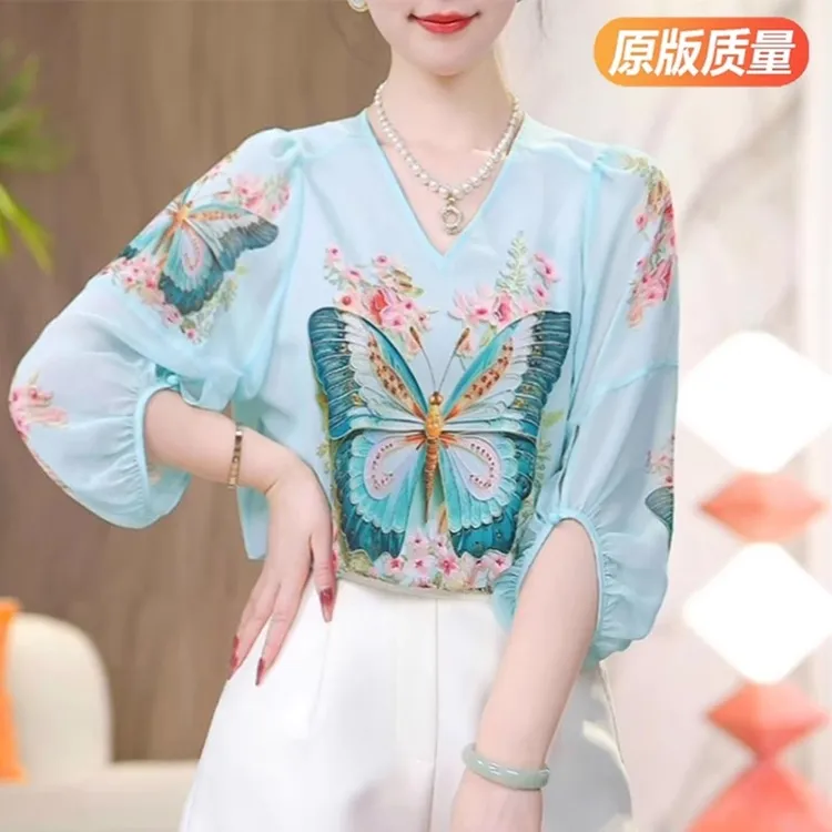 宽松型常规V领抗皱薄T恤重工国风七分袖女士百搭显瘦雪纺衫漂亮