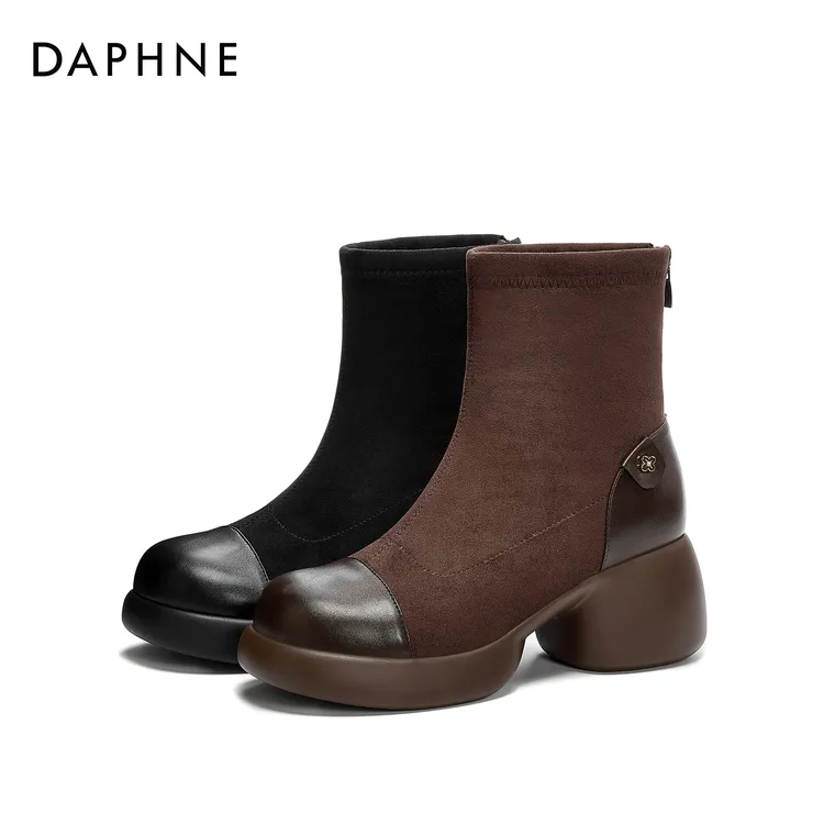 达芙妮2025女士秋冬季高跟法式英伦风百搭复古圆头厚底短筒时装靴