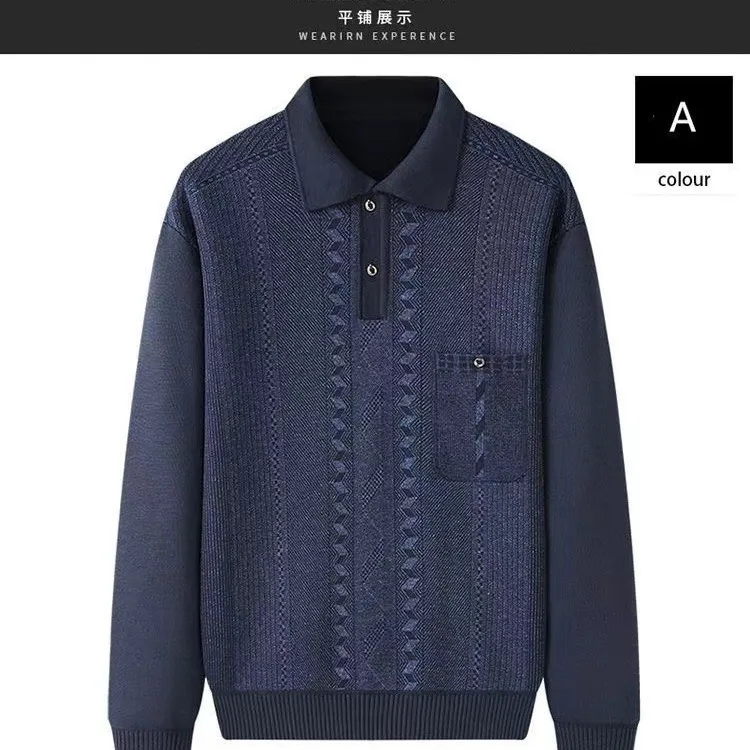   加绒加厚提花体恤衫  冬装中老年爸爸装口袋毛衣打底衫