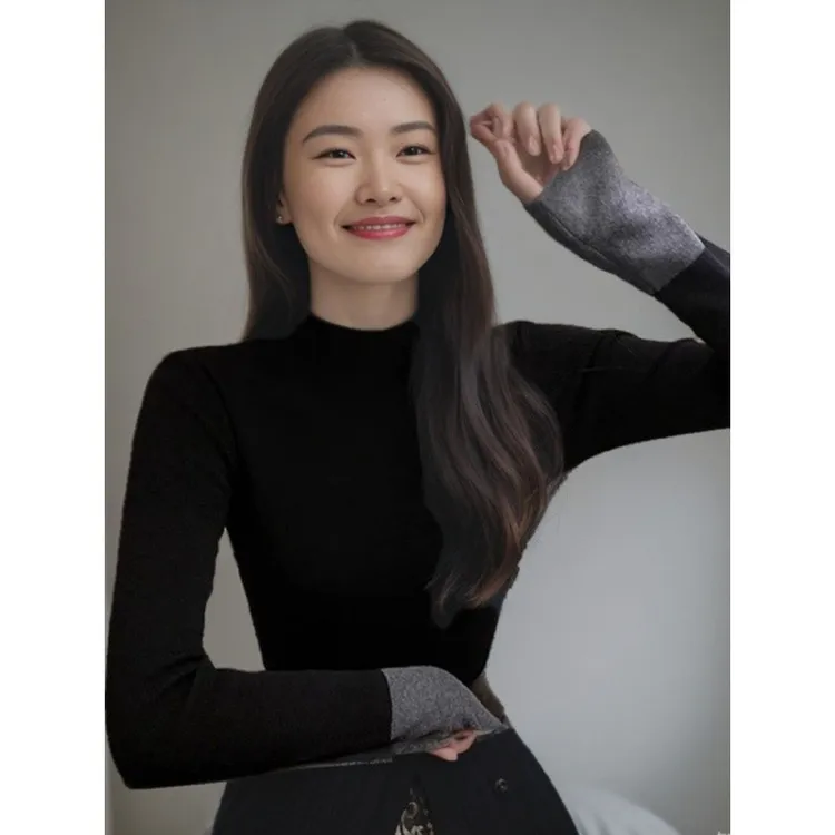 半高领撞色打底针织衫女2025秋冬新款内搭皮毛衣高级感中领上衣