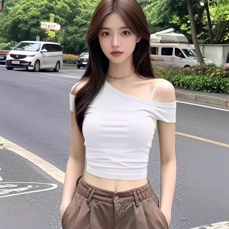D新款纯欲短款辣妹一字肩黑色斜领露肩独特别致小上衣女夏短袖t恤