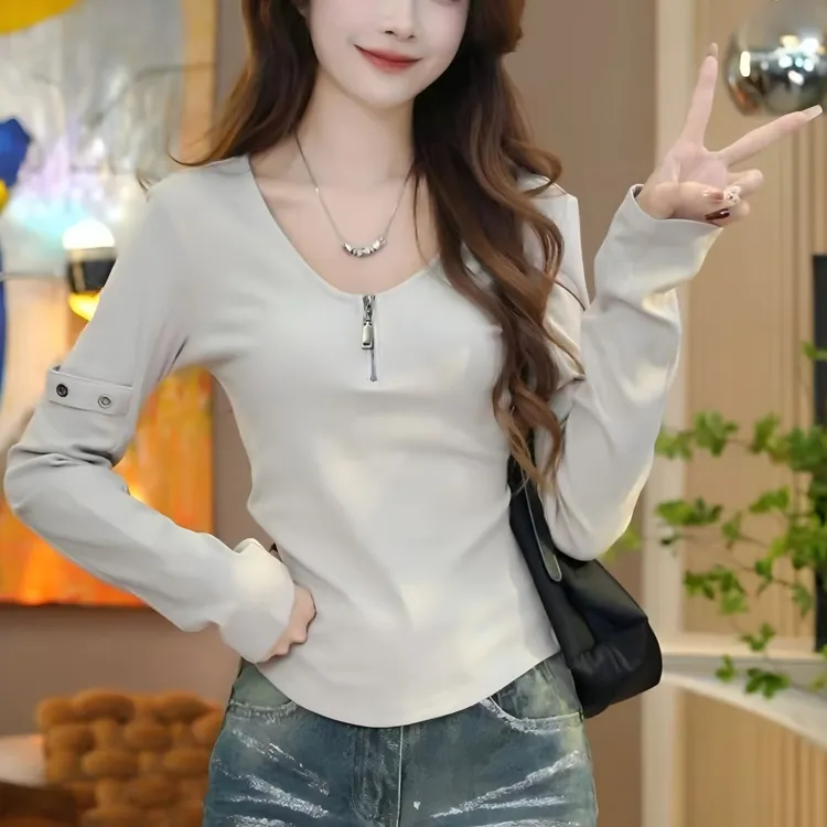 时尚纯色V领长袖t恤女2025春秋新款设计感小众半拉链体恤打底衫潮