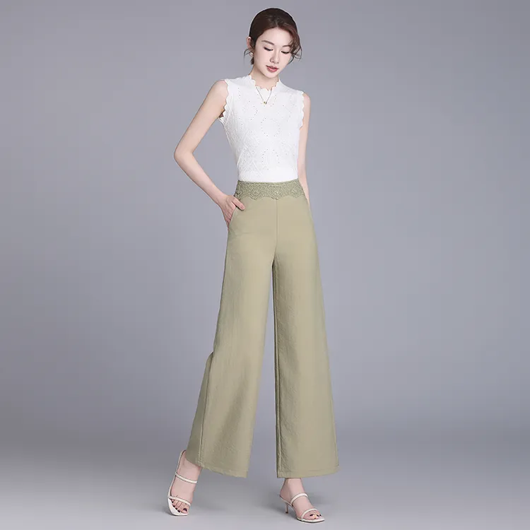 亚麻薄款高腰竹阔腿裤夏季拼接休闲裤时尚女装长裤显瘦九分女裤