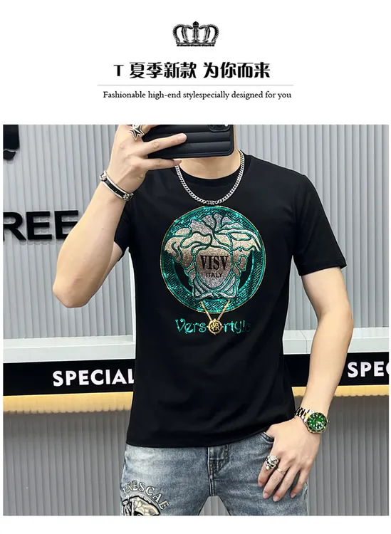 2025夏季欧洲站新款丝光棉短袖男装美人烫钻轻奢修身高端薄款短袖