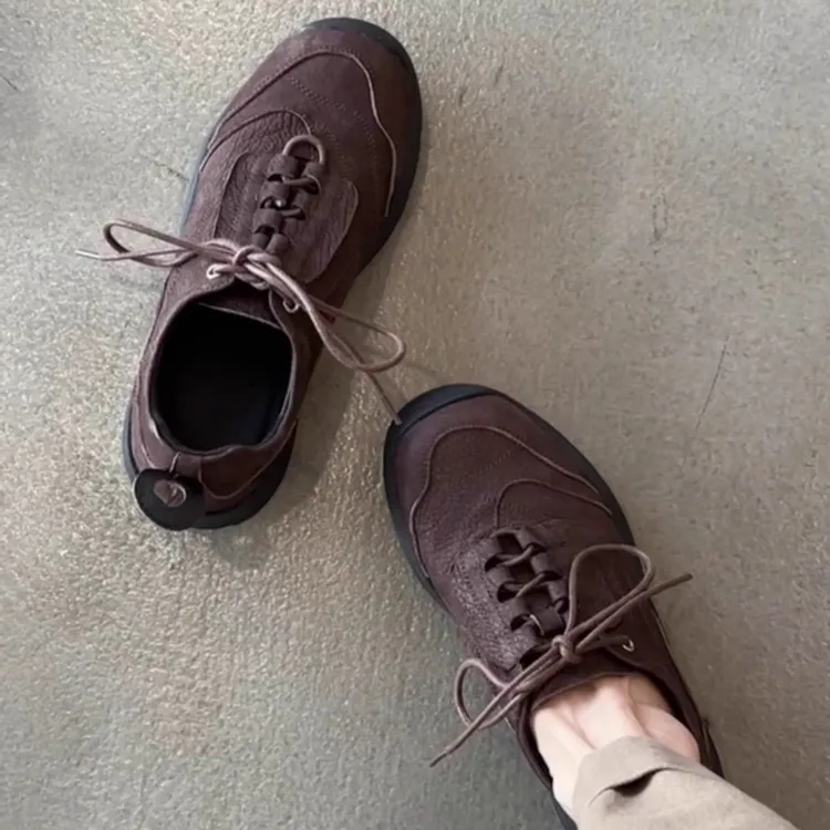 羊皮版~简约圆头时尚百搭舒适简约小众复古高跟运动百搭休闲鞋