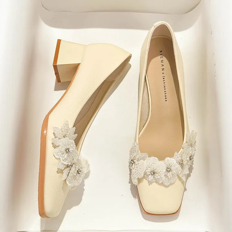 鞋漫方头尖头仙女风低跟防滑一脚蹬方根高跟鞋婚鞋温柔方跟包头