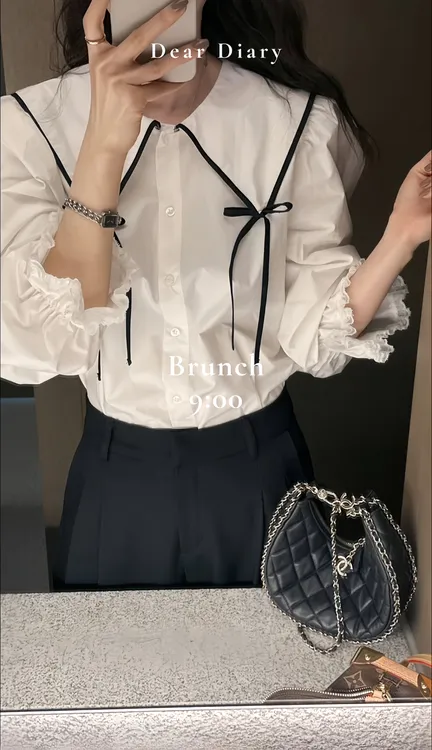 设计感小众时尚春季减龄洋气蝴蝶结系带衬衫黑色高腰休闲裤套装