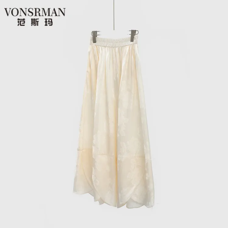 VONSRMAN 真丝提花花萝阔腿裤女100桑蚕丝松紧腰舒适宽松显瘦直筒