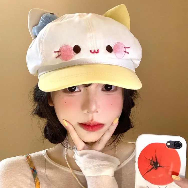 【吐司】甜美小鱼猫咪贝雷帽女卡通显脸小百搭八角帽出游画家帽子
