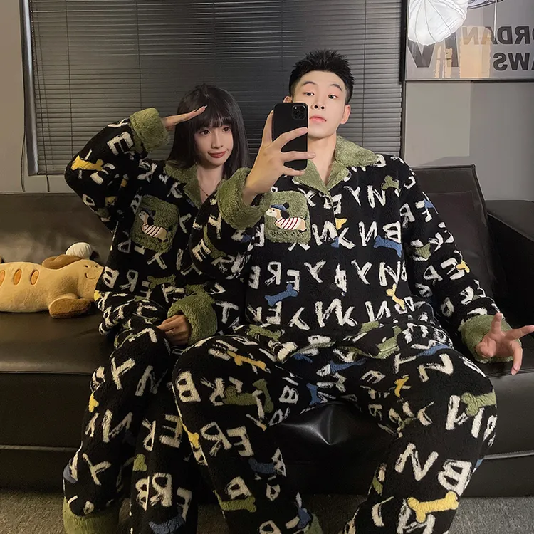腊肠狗高级感情侣睡衣女秋冬珊瑚绒加绒厚男可外穿保暖家居服套装