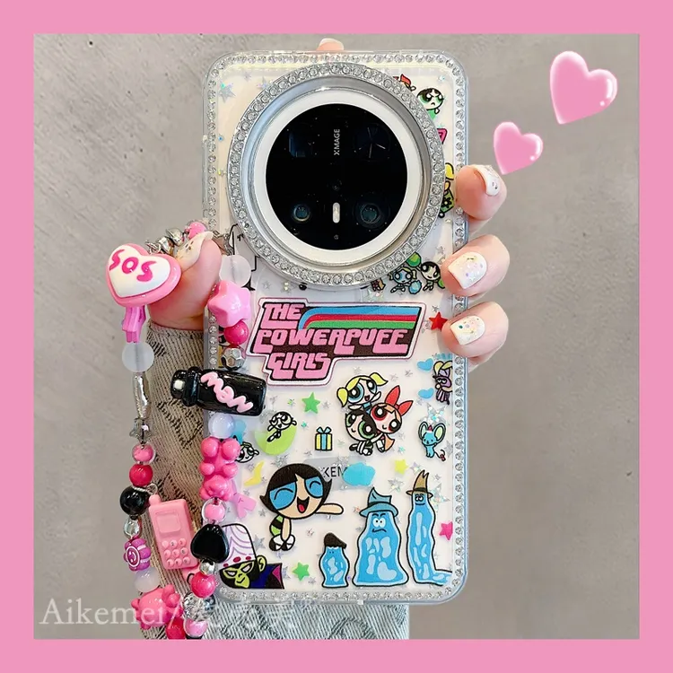 适用华为mate70pro+手机壳水钻镜框mate60pro+彩色星星飞天小女警