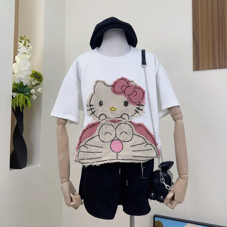 （8716）y2025新款kitty卡通刺绣t恤女韩版短袖减龄印花宽松上衣