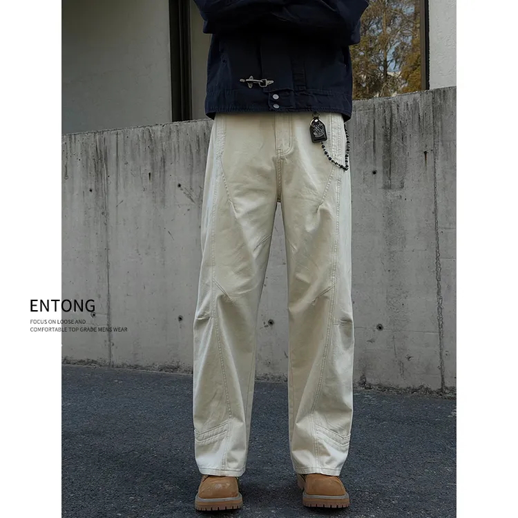 Entong潮牌分割设计阔腿牛仔裤男生宽松解构美式长裤街头vibe裤子