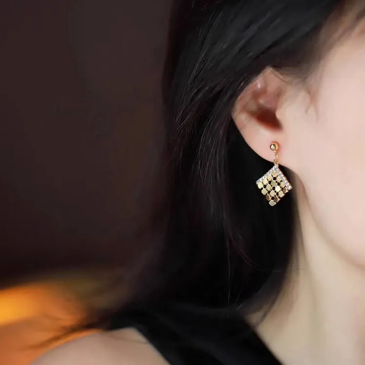 合金锆石耳饰 韩版菱形圆片满钻金色耳环高级感小众设计百搭简约