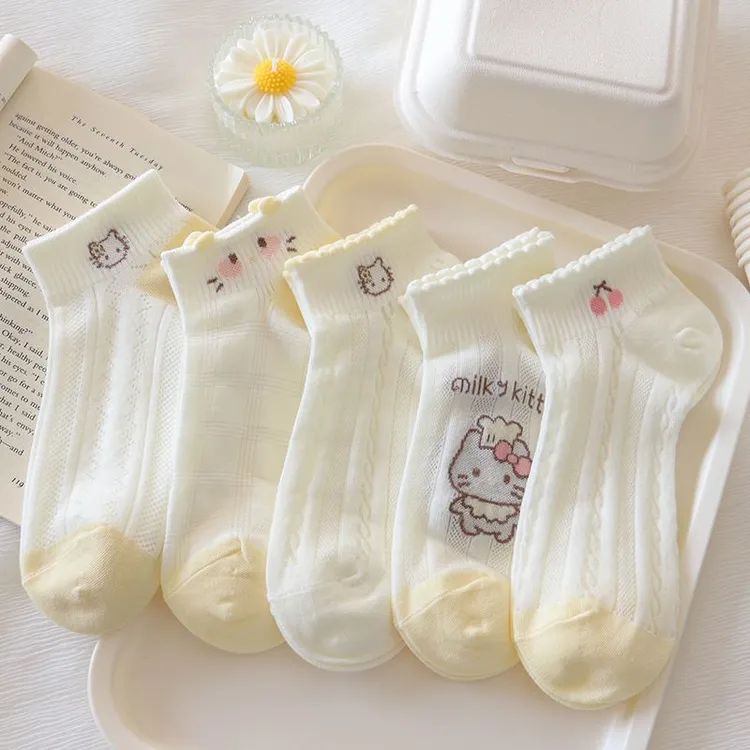 轻薄款袜子女KT小猫短袜透气夏季镂空薄款可爱少女百搭浅口船袜Tx