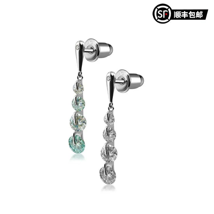 WIC 925银莫桑石耳饰 连珠耳坠原色非均匀蓝绿莫桑钻耳钉耳坠