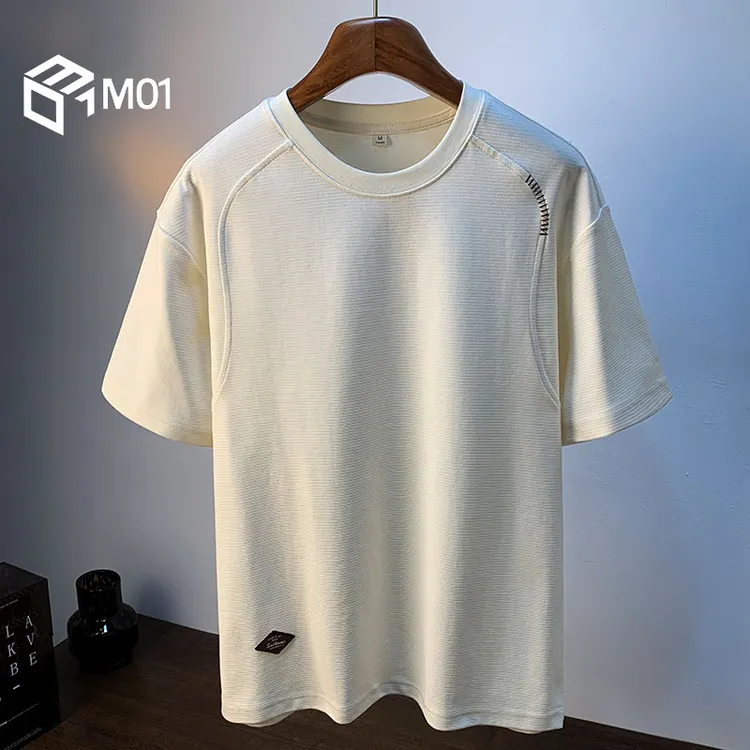 M01米黄色横纹夏季T恤衫潮流宽松冰丝凉感短袖衣服垂顺感舒适上衣