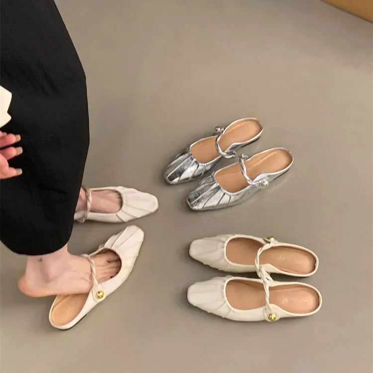 平底褶皱气质包头半拖鞋女鞋子外穿2025夏季配裙子玛丽珍半托单鞋