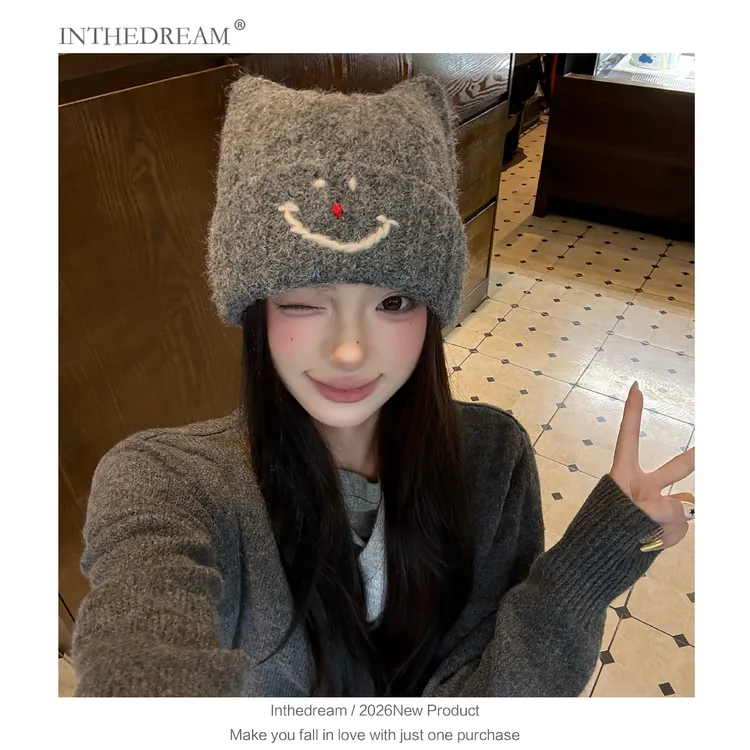 2025新款可爱俏皮猫耳朵帽子女休闲包头冷帽羊毛混纺秋冬毛线帽潮