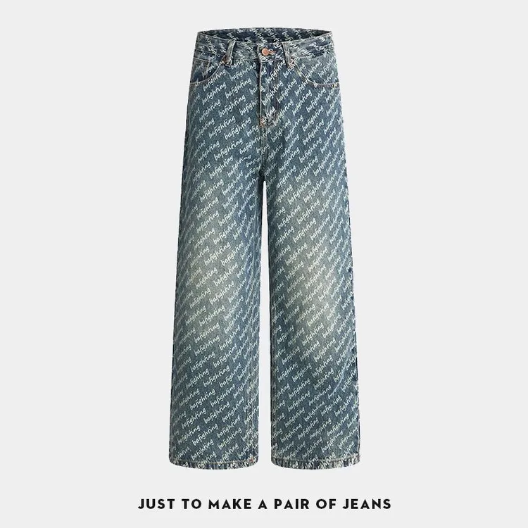 新款男复古做旧牛仔裤时尚潮流字母印花百搭休闲长裤子男装直筒裤