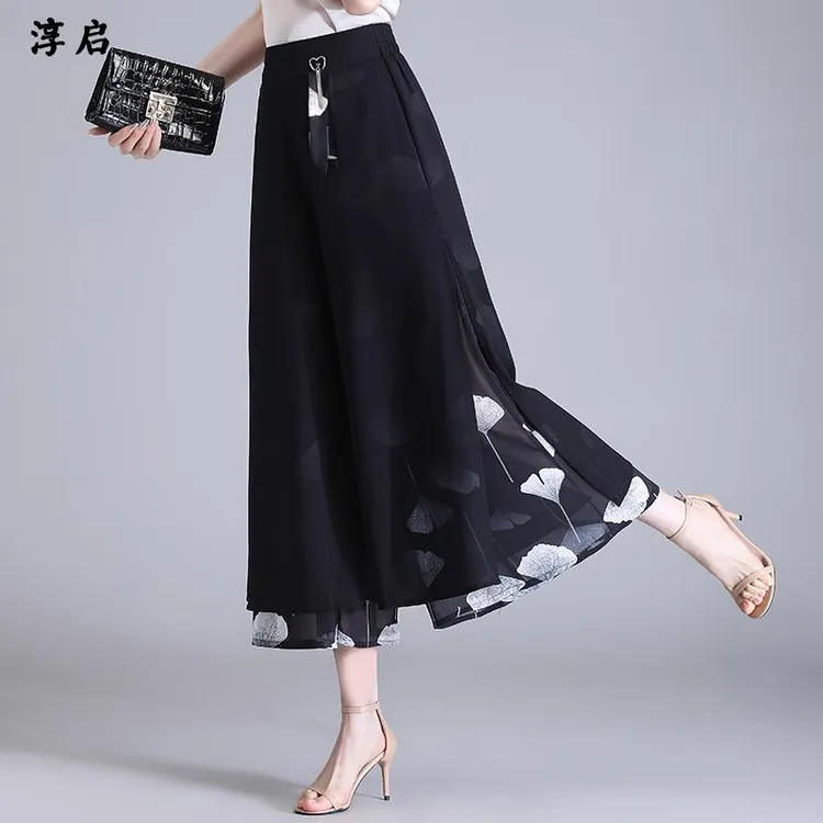 淳启时尚雪纺阔腿裤女夏季薄款开叉高腰宽松妈妈显瘦垂感印花裙裤