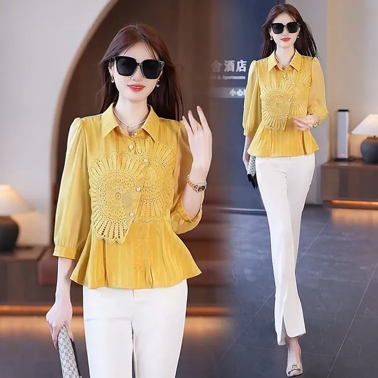 时尚雪纺衬衫女2025年夏季新款设计感蕾丝拼接显瘦洋气七分袖小衫