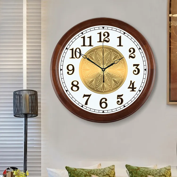 Compas/康巴絲40cm奥古曼木实木边框静音石英钟挂钟客厅餐厅轻奢