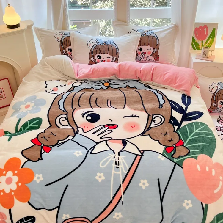 水星高端适用家纺卡通加厚牛奶绒四件套冬季双面加绒保暖儿童被套