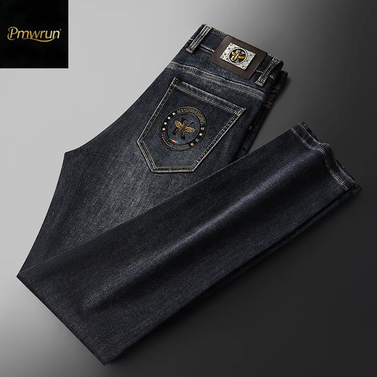 Pmwrun轻奢高端牛仔裤男士高端欧货潮流直筒弹力磨毛商务休闲裤