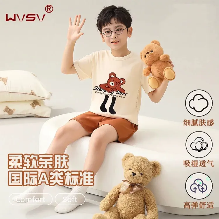 夏季纯棉薄款休闲男童睡衣裤套装新款宽松短袖短裤儿童男孩家居服