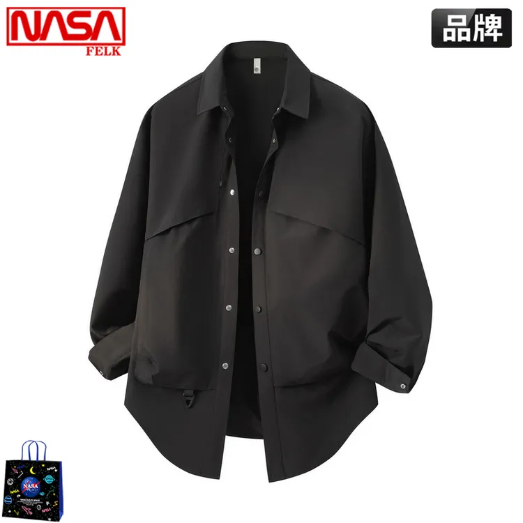 NASA联名美式潮牌裁剪拼接弧形衬衫男款春秋季机能长袖衬衣薄外套