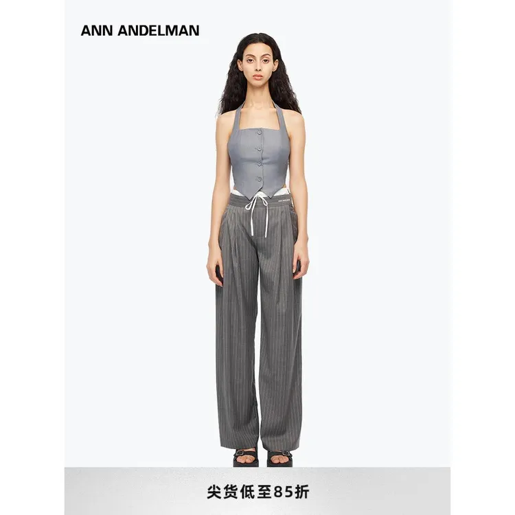 【明星同款】ANN ANDELMAN直筒松紧腰拼接条纹休闲西裤