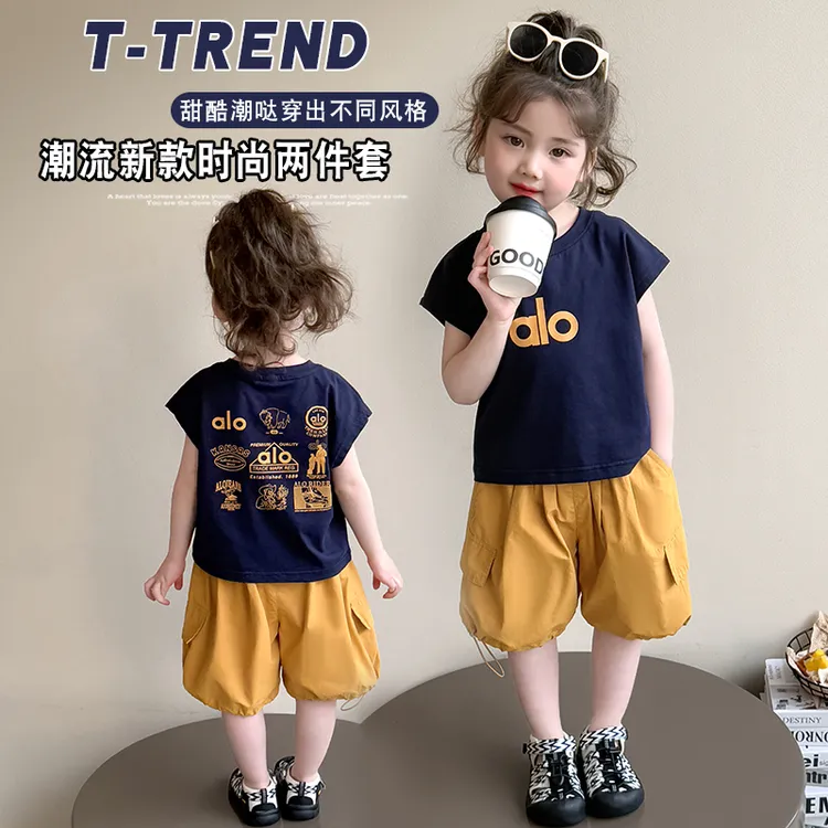 儿童夏季2025新款套装韩版童装时尚无袖工装五分袖裤女童夏装套装