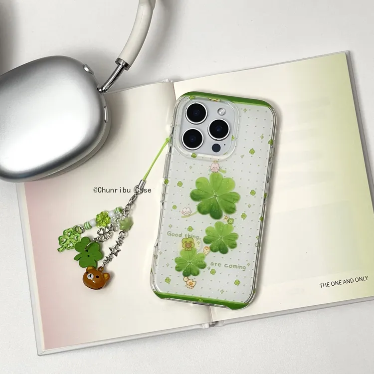 古早可爱卡通绿波点四叶草轻松熊适用苹果16promax手机壳15/14/13