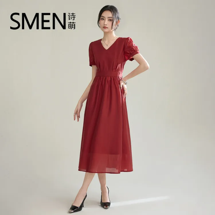 【专柜品质】莱赛尔连衣裙女士夏季法式气质V领收腰显瘦时尚长裙子