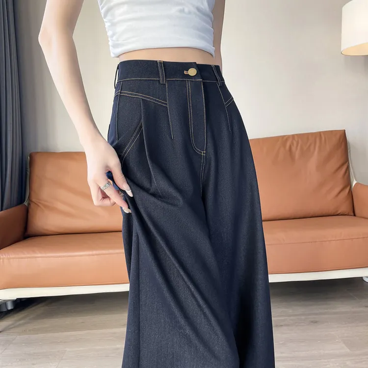 深蓝色牛仔裤女2025夏季薄款高腰显瘦直筒垂感拖地冰丝西装阔腿裤