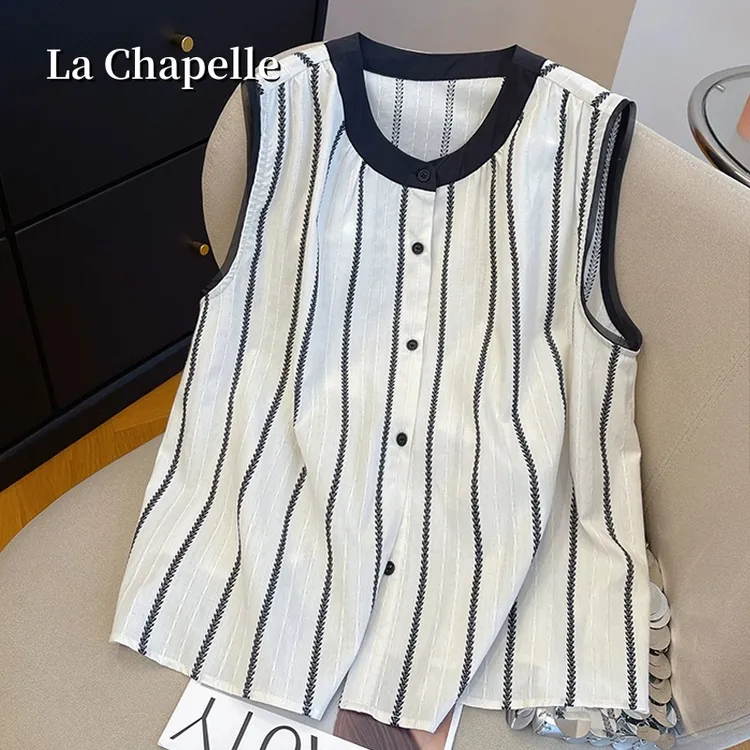 拉夏贝尔夏季新款条纹无袖衬衫2025年女宽松撞色薄款小个子高级感