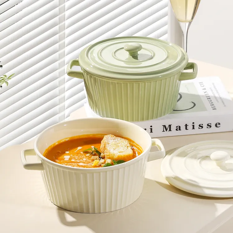 川岛屋奶油风双耳汤碗大号家用2025新款陶瓷带盖泡面碗螺蛳粉汤盆