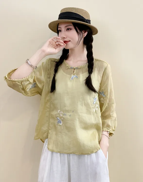 《蝶韵》苎麻小个子夏新款圆领盘扣刺绣七分袖衬衫国风百搭减龄上衣