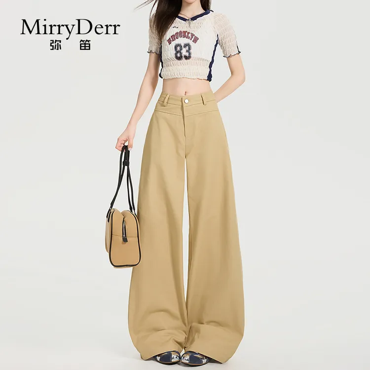 MirryDerr/弥笛时髦休闲弯刀裤女2025夏季新款高腰窄版复古阔腿裤