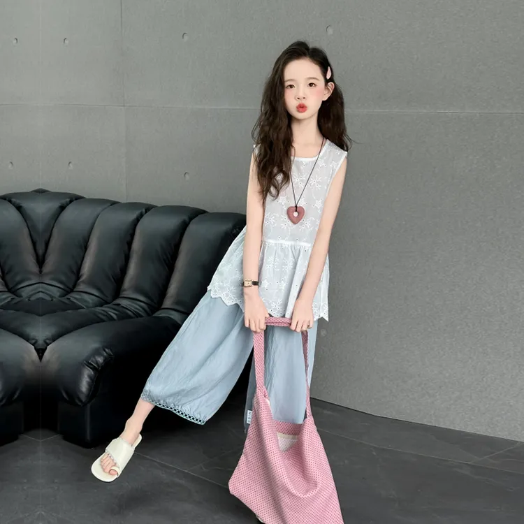 女童夏装套装2025新款洋气中大童6-12岁韩版夏季无袖娃娃衫阔腿裤